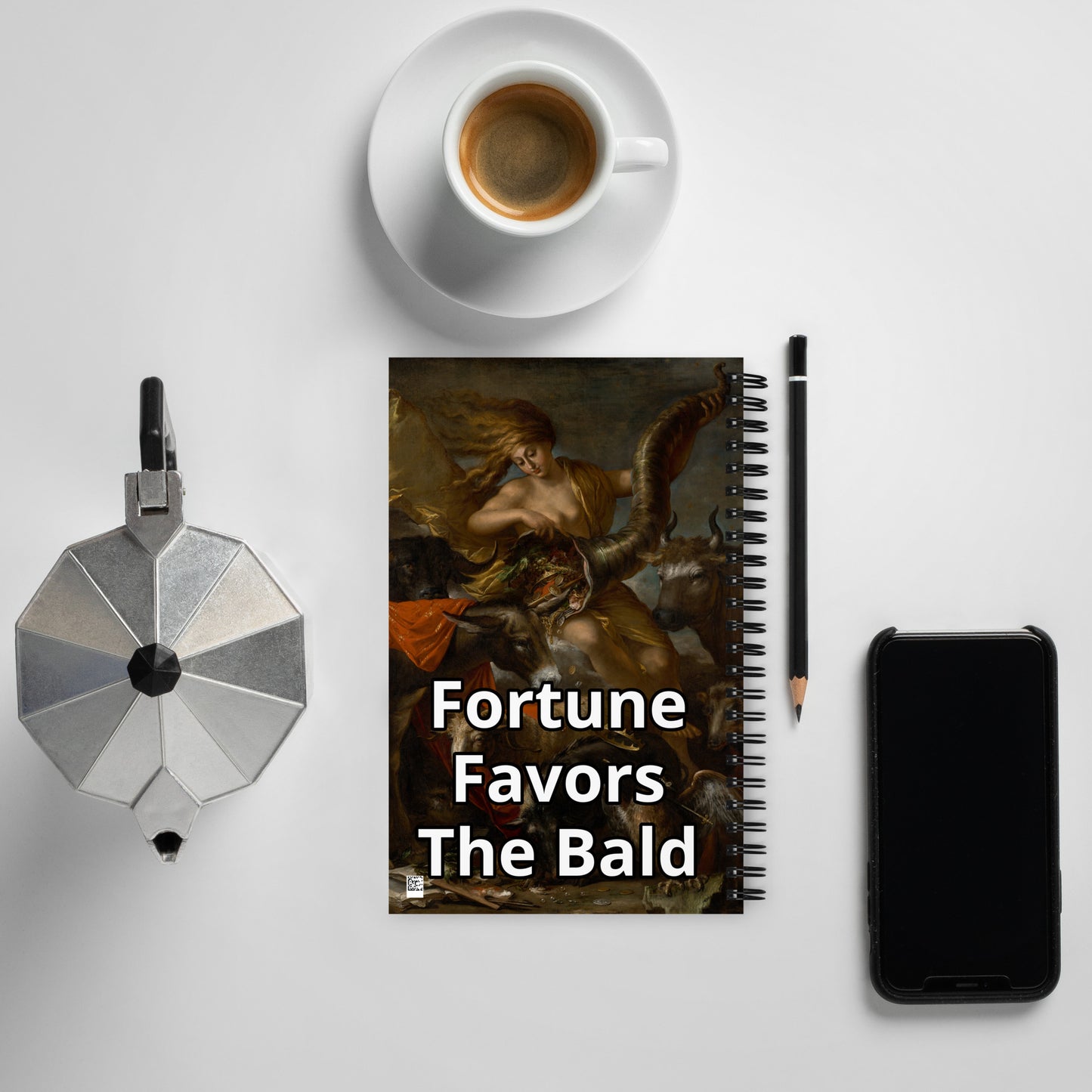 Baldly embrace your destiny, one hairless page at a time with Fortune Favors the Bald notebook.