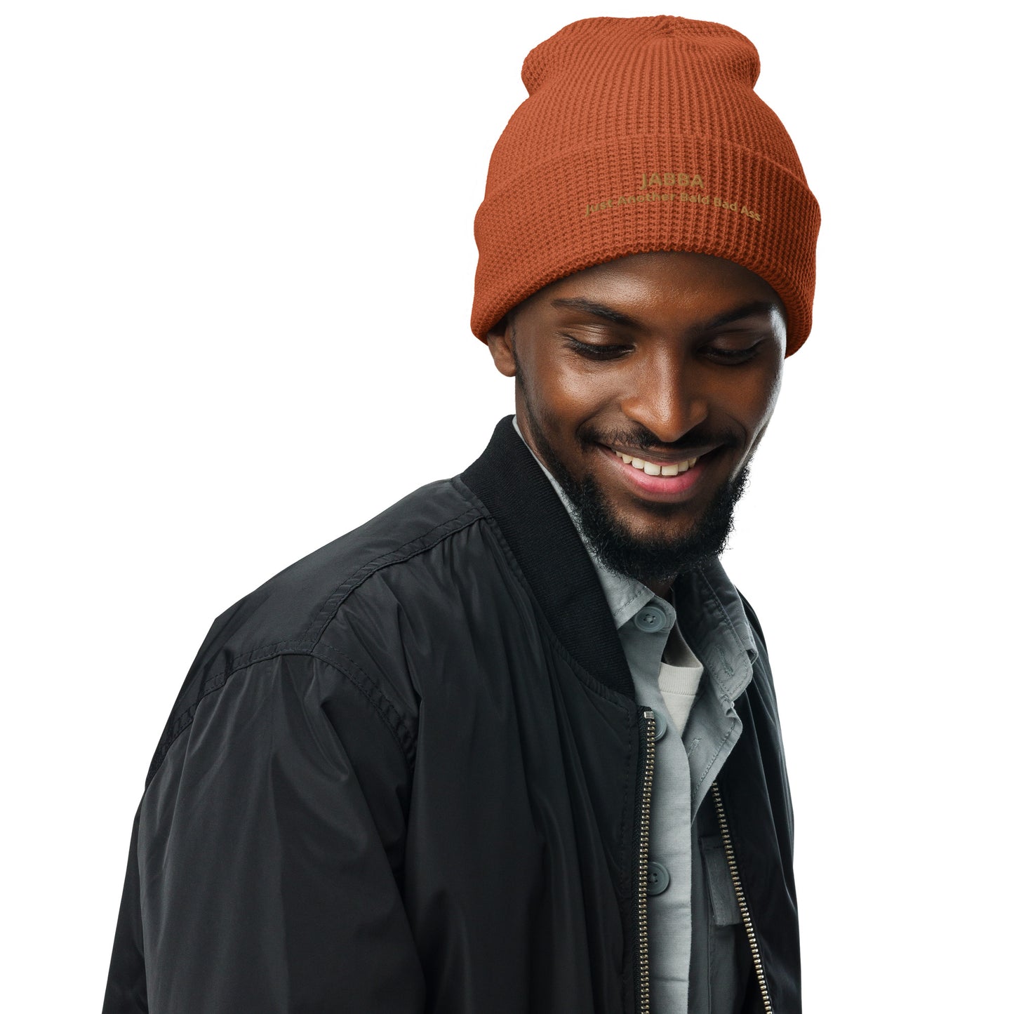 Our JABBA waffle beanie - the perfect solution for keeping your bald head warm this winter!"