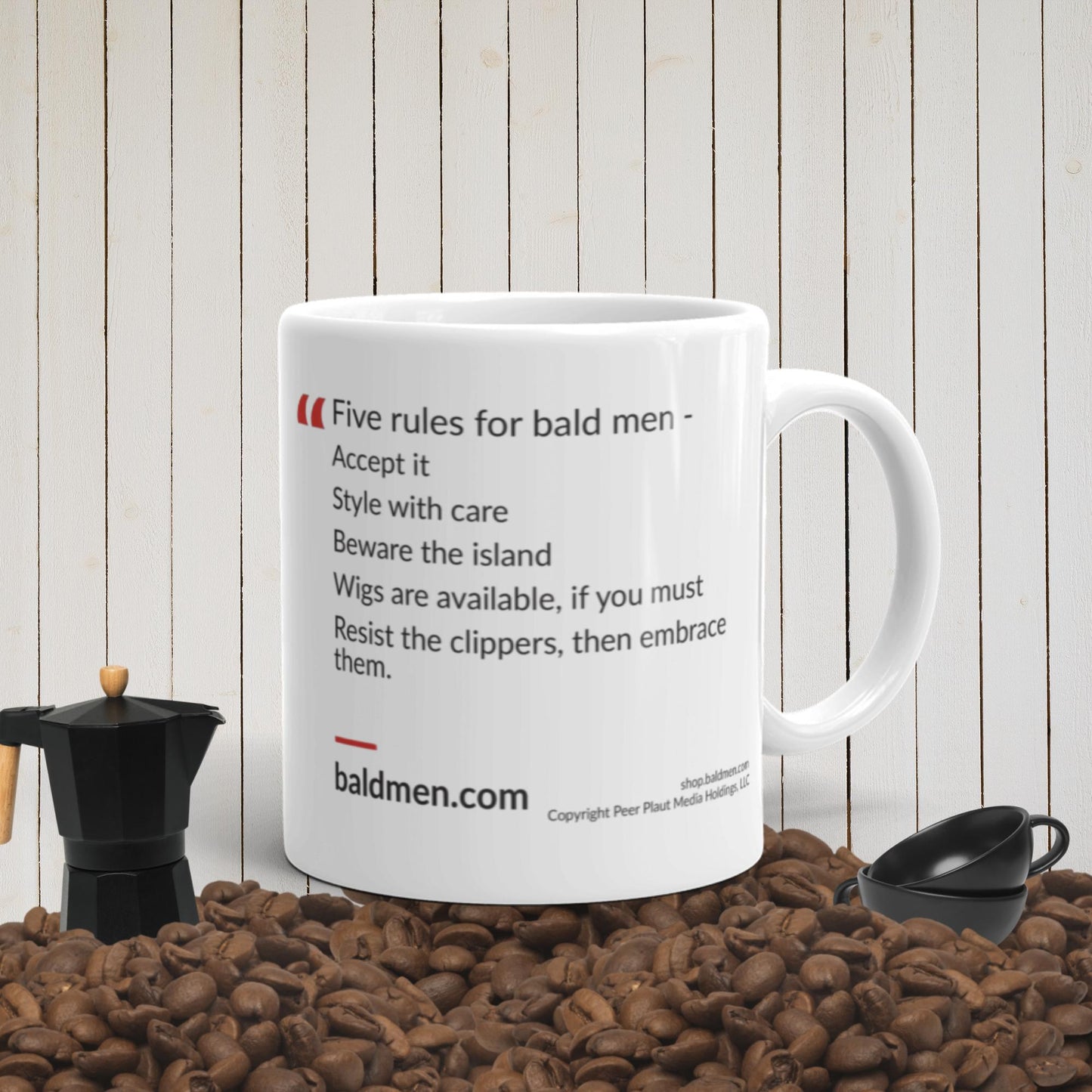 Sip your favorite hot beverage in style with the Five Rules for Bald Men Ceramic Mug
