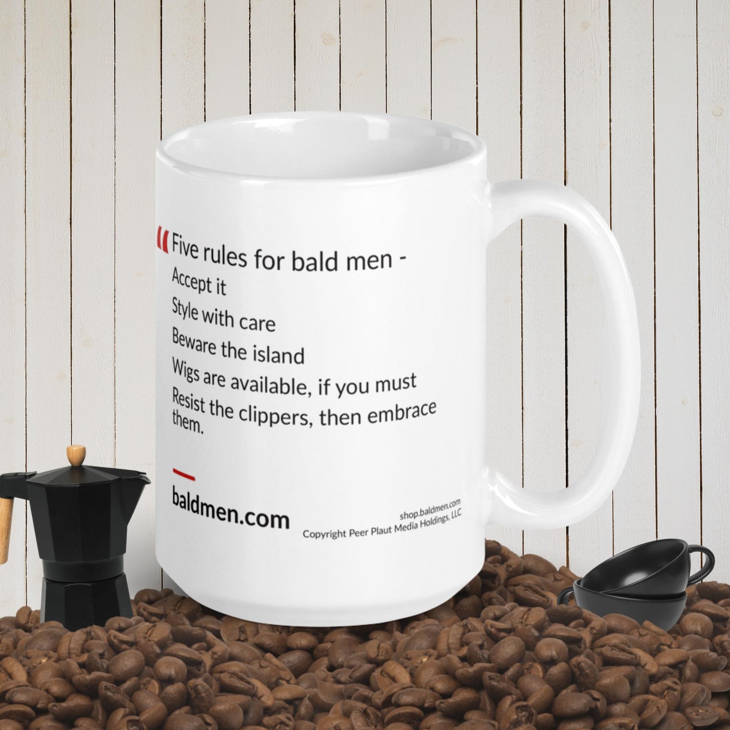 Sip your favorite hot beverage in style with the Five Rules for Bald Men Ceramic Mug