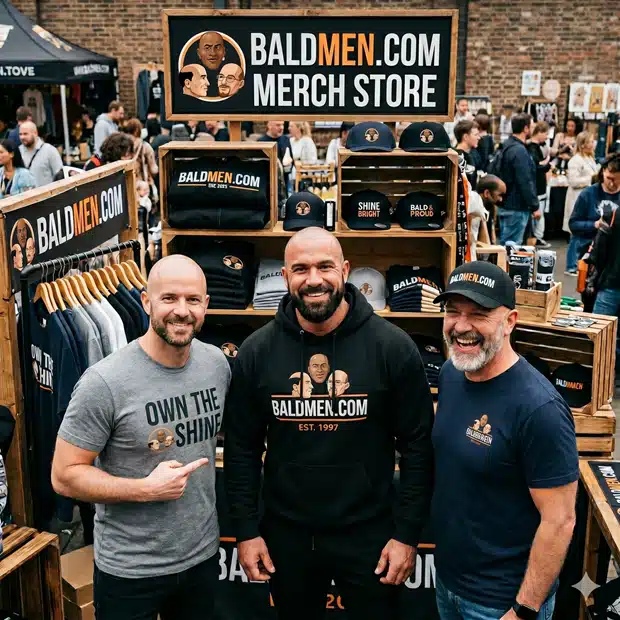 Three smiling bald men standing in front of a wooden "BALDMEN.COM MERCH STORE" booth at a crowded outdoor market. They are modeling the brand's apparel: the man on the left points to his grey "OWN THE SHINE" t-shirt, the center man wears a black "BALDMEN.COM EST. 1997" hoodie, and the man on the right wears a navy branded t-shirt and baseball cap. The booth's main sign and the men's clothing feature a logo of three illustrated bald faces. Shelves behind them display folded hoodies and hats with phrases like "SHINE BRIGHT" and "BALD & PROUD."