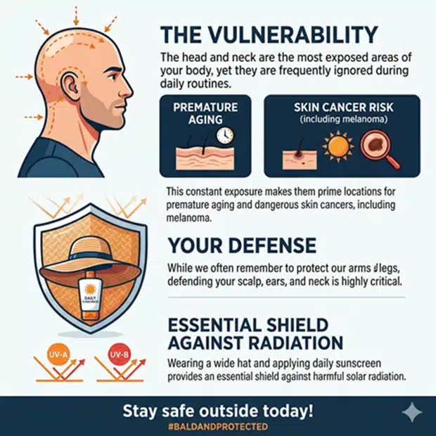 Infographic highlighting the vulnerability of the head and neck to sun exposure, emphasizing risks of premature aging and skin cancer. It suggests defenses like wearing wide hats and applying sunscreen for protection against harmful solar radiation.