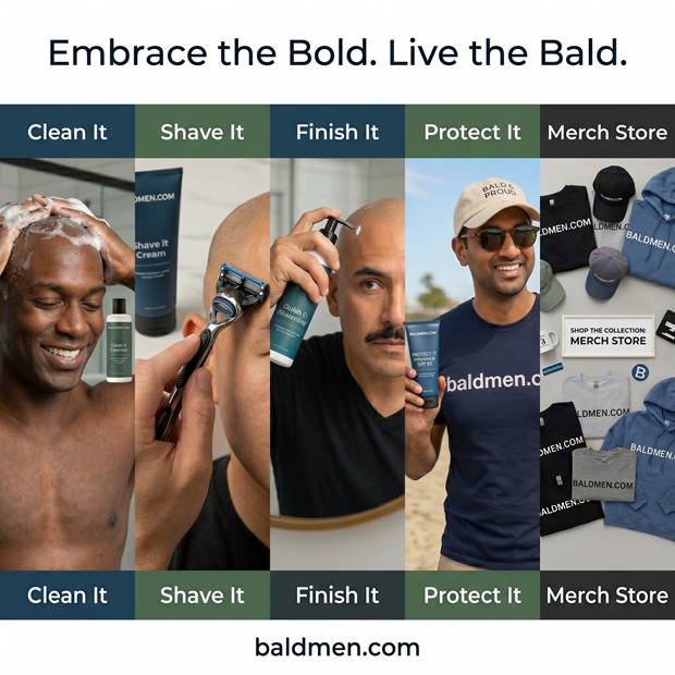 A collage of four steps for bald care: 'Clean It' featuring a man applying shampoo, 'Shave It' with shaving cream and razor, 'Finish It' showcasing a man using a product, and 'Protect It' showing a man outdoors in sunglasses. The image includes merchandise displayed in the last section.