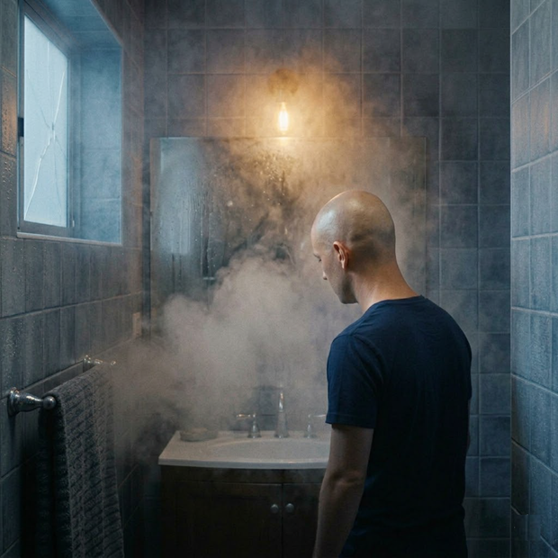 A person with a bald head standing in a steamy bathroom, looking at a foggy mirror above a sink.