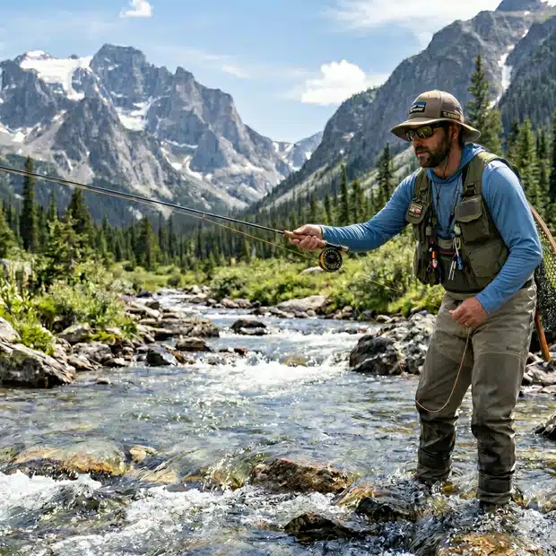 A detailed photograph captures a man fly fishing while wading in a clear, rocky mountain river. The fisherman, with a beard and wearing a tan wide-brim hat, sunglasses, an olive-green fishing vest, a blue long-sleeve shirt, and tan chest waders, stands in the shallow water. He holds a fly rod and reel in his hands, with a length of fishing line extended, preparing for a cast. A landing net is visible on his back. The river is surrounded by a vast mountain range with prominent, snow-capped peaks under a partly cloudy sky. A dense forest of pine trees covers the lower slopes leading up to the mountains. The scene is illuminated by bright daylight, with a natural, expansive wilderness feel.