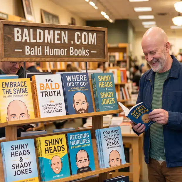 A smiling bald man in a bookstore reading from a display of funny bald humor books and gag gifts featured on baldmen.com.